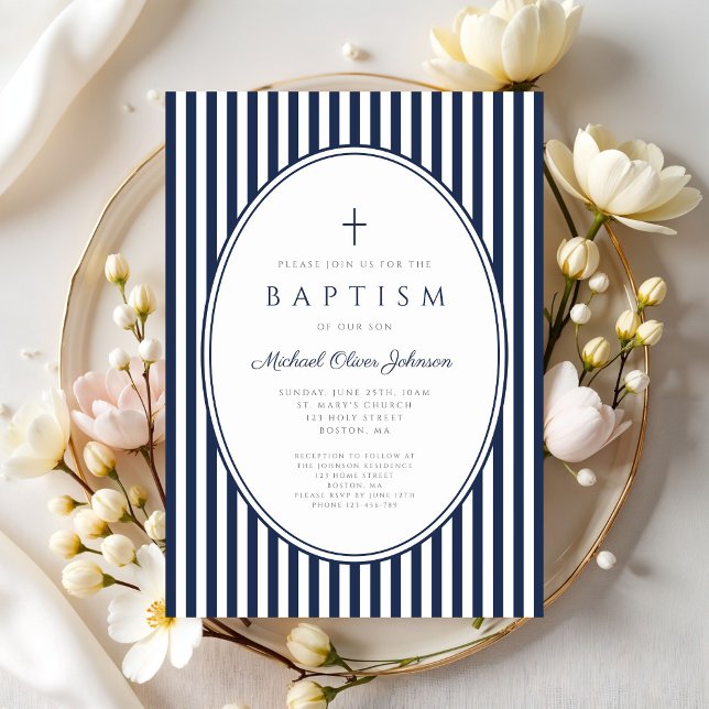 Convite de Batismo de Menino Elegante com Listras  (Elegant Navy Blue Striped Boy Baptism Invitation)