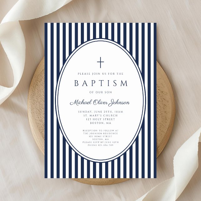 Convite de Batismo de Menino Elegante com Listras  (Elegant Navy Blue Striped Boy Baptism Invitation)