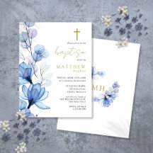 Convite de Batismo de Monograma Floral Azul Empoei