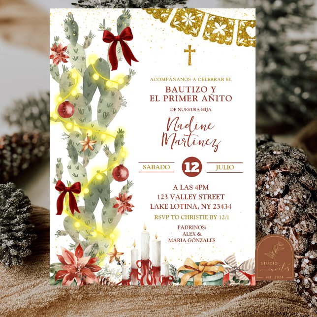 Convite de Batismo de Natal do Cactus Espanhol (Criador carregado)
