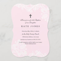 Convite de batismo de renda rosa branca elegante