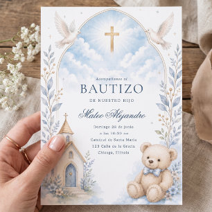Convite de Batismo de Urso de Pelúcia em Aquarela