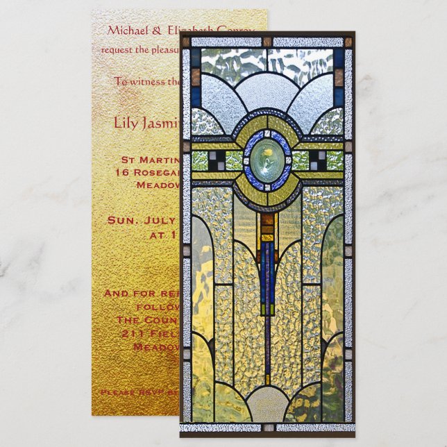 convite de batismo de vidro art déco para casament (Frente/Verso)