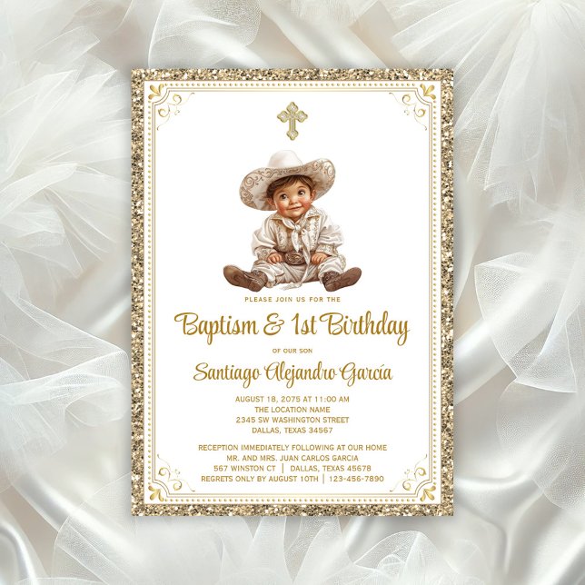 Convite de Batismo e Aniversário Charmoso Baby Cha (Adorable baby charro baptism invitation, You can change all text, move baby, move/remove cross/)