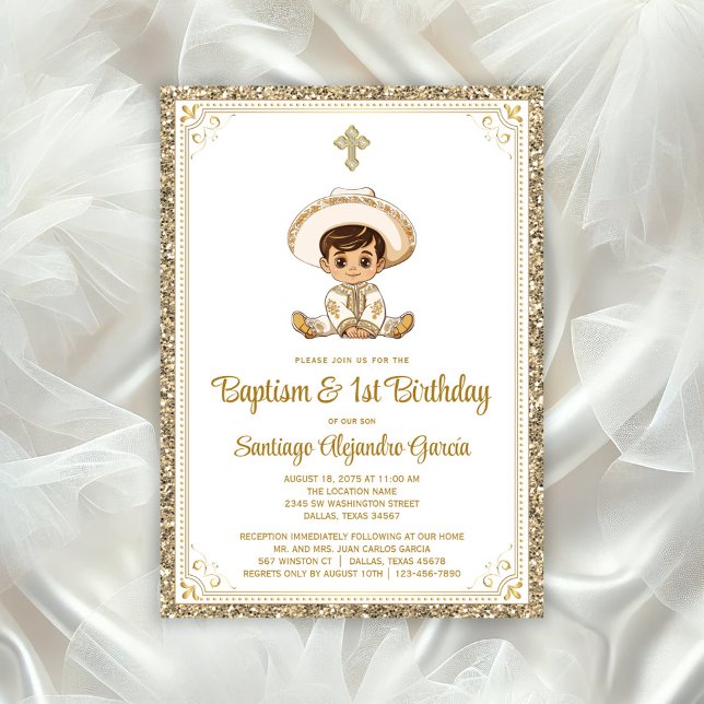 Convite de Batismo e Aniversário Charro Dourado (All text can be changed for your event.)