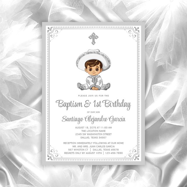 Convite de Batismo e Aniversário do Bebê Charro Pr (Charro baby baptism invitation. All text can be changed, move/remove baby and cross as needed.)