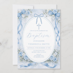 Convite de Batismo Elegante com Laço Floral Azul