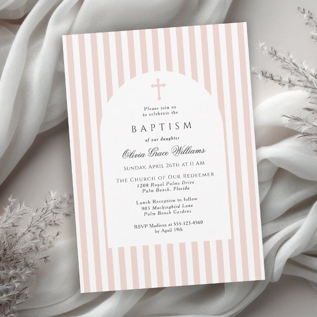 Convite de Batismo Elegante com Listras Rosa para  (Available in both printed and instant download digital formats.)