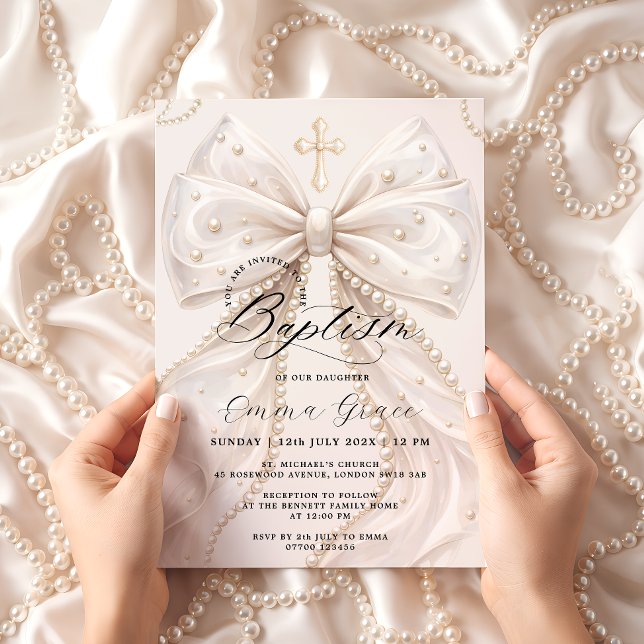 Convite de Batismo Elegante Coquette Pérola Arco (Criador carregado)