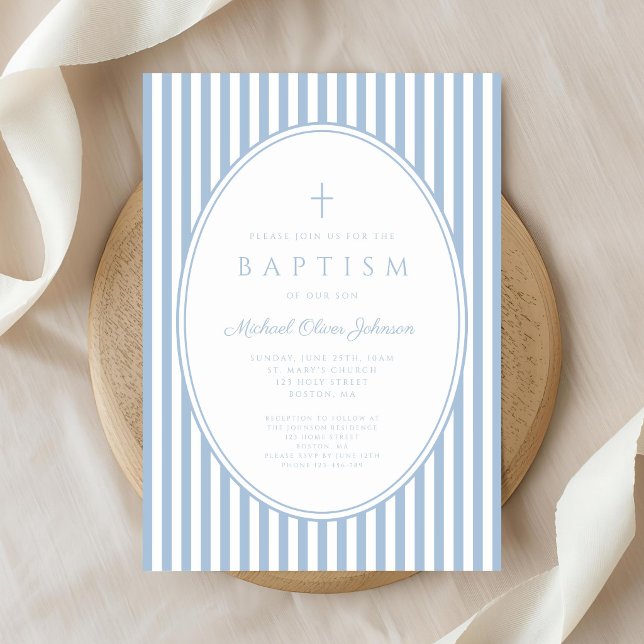 Convite de Batismo Elegante para Menino com Listra (Elegant Baby Blue Striped Boy Baptism Invitation)