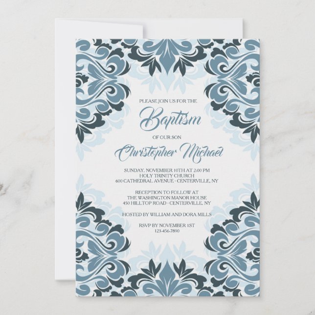 Convite de Batismo em Damask Azul (Frente)
