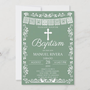 Convite de Batismo em Verde Sage com Papel Picado
