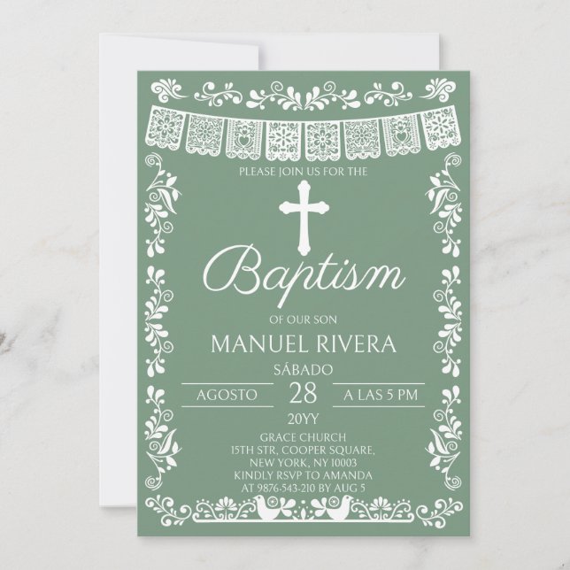 Convite de Batismo em Verde Sage com Papel Picado (Frente)
