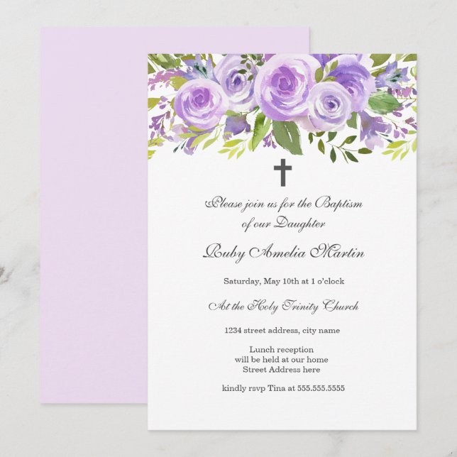 Convite de Batismo Flor de Rosa Lavanda Elegante (Frente/Verso)