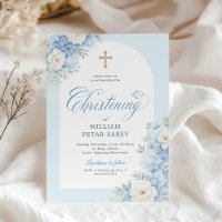 Convite de Batismo Floral Azul com Cruz Dourada
