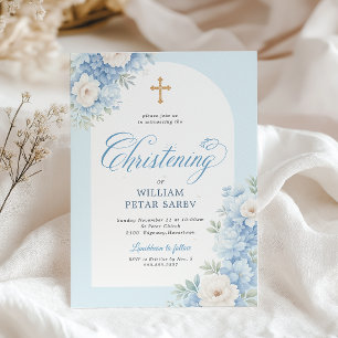 Convite de Batismo Floral Azul com Cruz Dourada