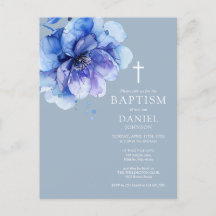 Convite de Batismo Floral Azul Elegante em Aquarel