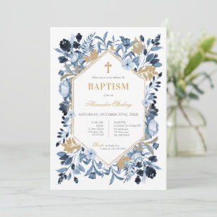Convite de Batismo Floral Azul Marinho e Dourado p