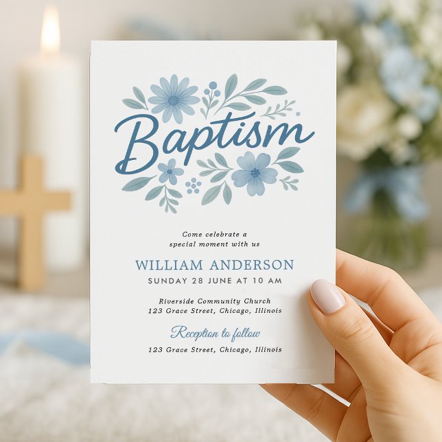 Convite de Batismo Floral Azul para Bebê Menino (Hand holding blue floral baptism invite with candlelight – soft and spiritual boy design)