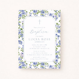 Convite de Batismo Floral Azul para Menina