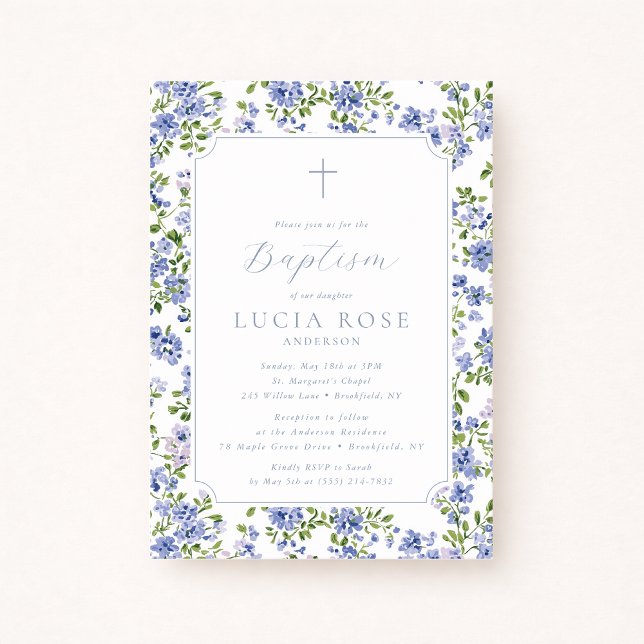 Convite de Batismo Floral Azul para Menina (Criador carregado)