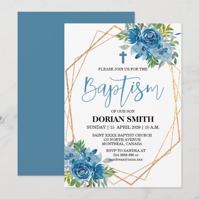 Convite de Batismo Floral Azul para Menino (Frente/Verso)