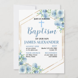 Convite de Batismo Floral Azul Pastel Elegante