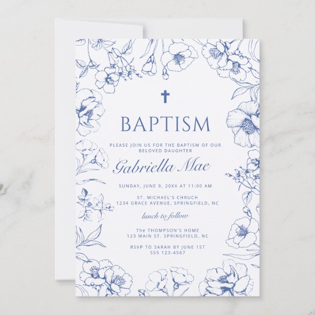 Convite de Batismo Floral Azul Tradicional (Frente)