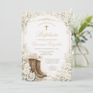 Convite de Batismo Floral Branco com Botas de Cowb
