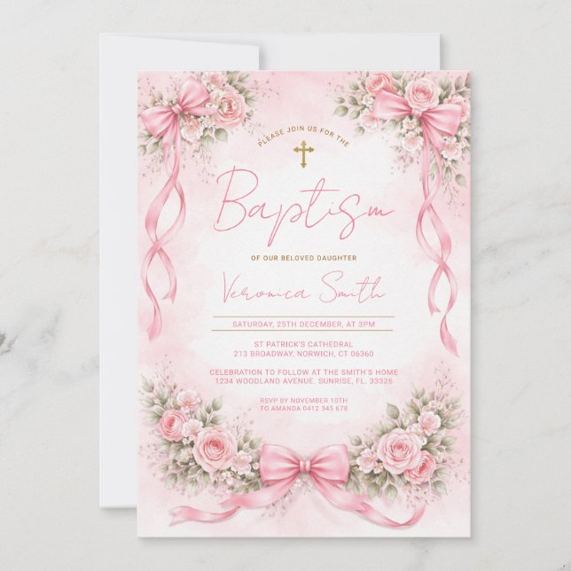 Convite de Batismo Floral com Laço Rosa para Menin (Frente)