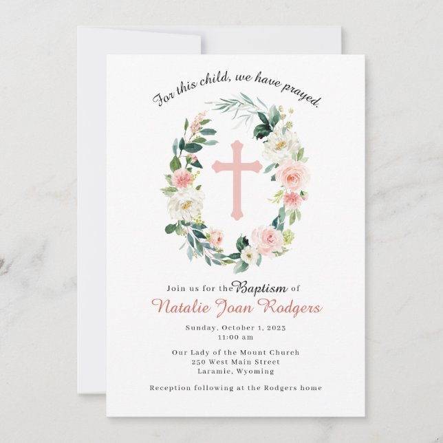Convite De Batismo Floral Cor-De-Rosa (Frente)