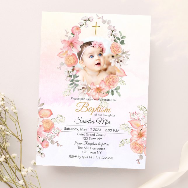 Convite De Batismo Floral Cor-De-Rosa (Sweet Pink Floral Baptism Invitation )
