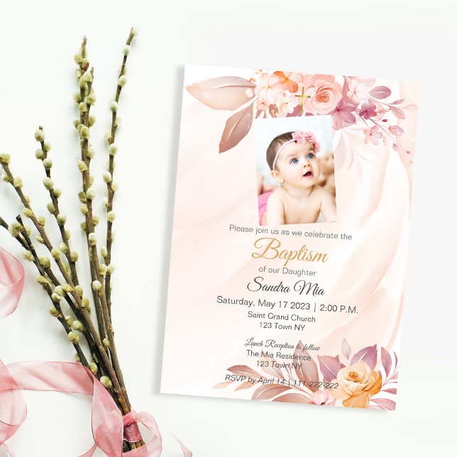 Convite De Batismo Floral Cor-De-Rosa Laranja (Orange Pink Floral Baptism
Invite)