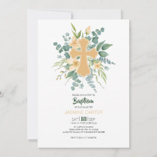Convite de Batismo Floral Cruz Verde Aquarela