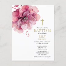 Convite de Batismo Floral de Aquarela Rosa Pó
