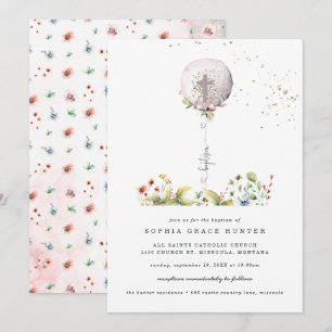 Convite de Batismo Floral de Balão Elegante