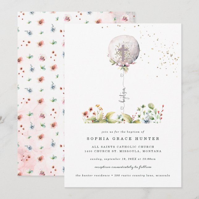 Convite de Batismo Floral de Balão Elegante (Frente/Verso)