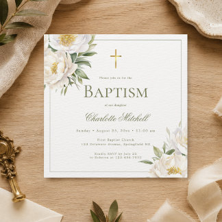 Convite de Batismo Floral de Peônia Branca Elegant