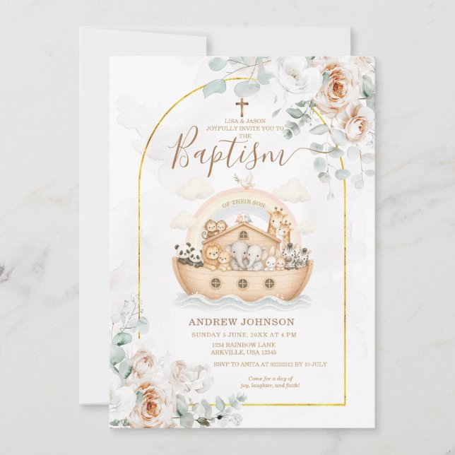 Convite de Batismo Floral Elegante da Arca de Noé (Frente)