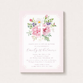 Convite de Batismo Floral em Aquarela Rosa para Me