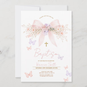 Convite de Batismo Floral Laço Coquete Rosa Roxo