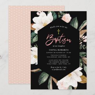 convite de batismo floral magnólia preto
