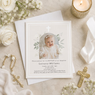 Convite de batismo floral marfim bege menina