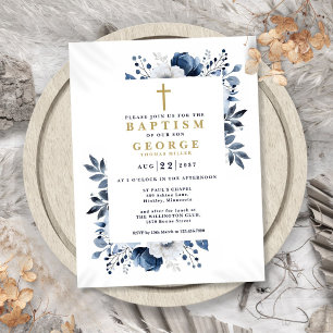 Convite de Batismo Floral Moderno Elegante Azul Ma