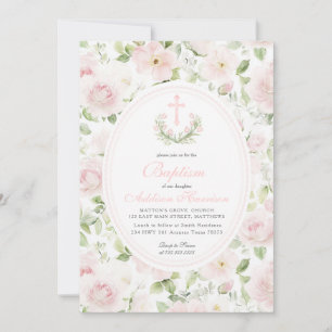 Convite de Batismo Floral Rosa, Batismo de Menina,
