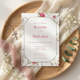 Convite de Batismo Floral Rosa Botânico