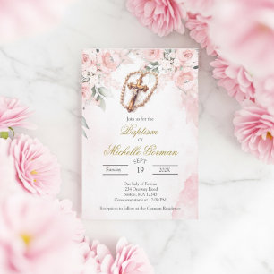 Convite de batismo floral rosa Crucifixo