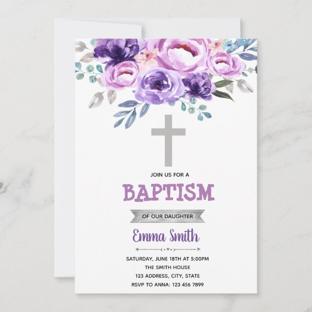 Convite de batismo floral roxo (Frente)