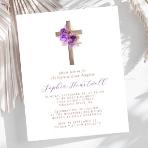 Convite de Batismo Floral Roxo Dourado Cruz Orçame