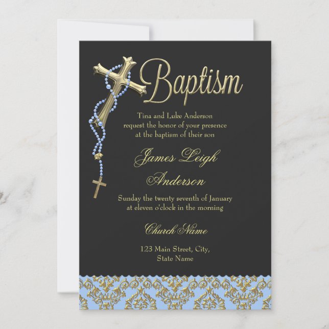 Convite de Batismo Holy Cross & Damask Azul Preto (Frente)